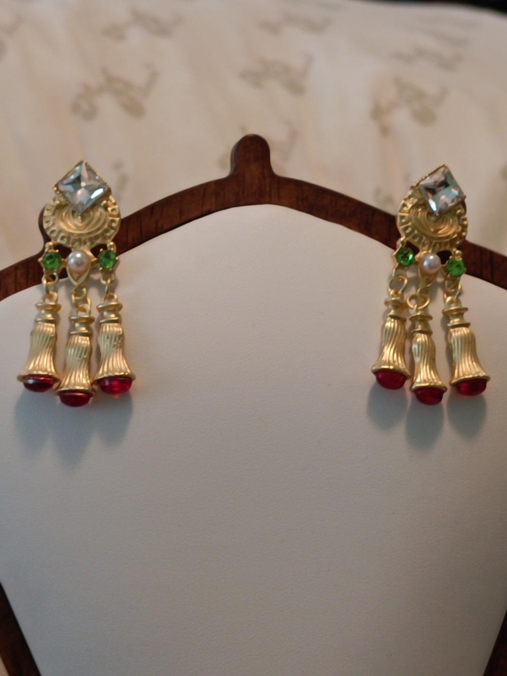 Vintage Style Gold Plated Drop Earrings with Green and Red tassels